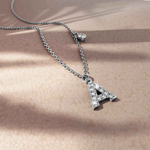 Solid 925 Sterling Silver Initial Crystal Personalised Alphabet Letter Necklace Silver